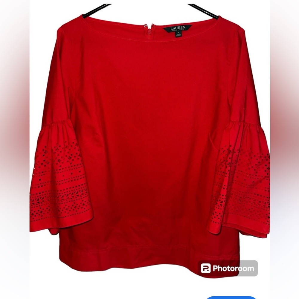 Lauren- Bell Sleeve Boatneck Top with Eylet Detail, Red, Size L, EUC